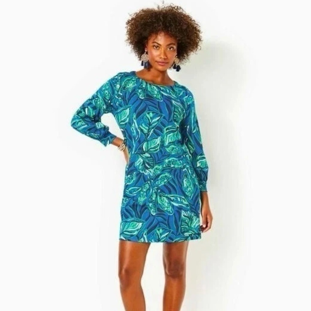 Lilly Pulitzer Blue & Teal Leaf-Print Long Sleeve Shift Dress
